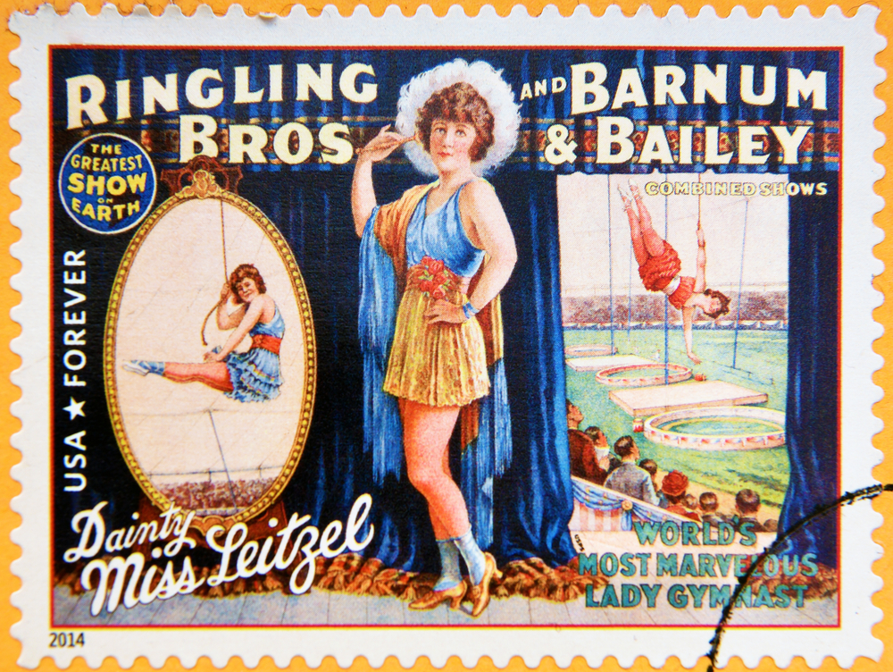 US Postage Stamp honoring the RIngling Bros. And Barnum & Bailey Circus featuring the Dainty Miss Leitzel 