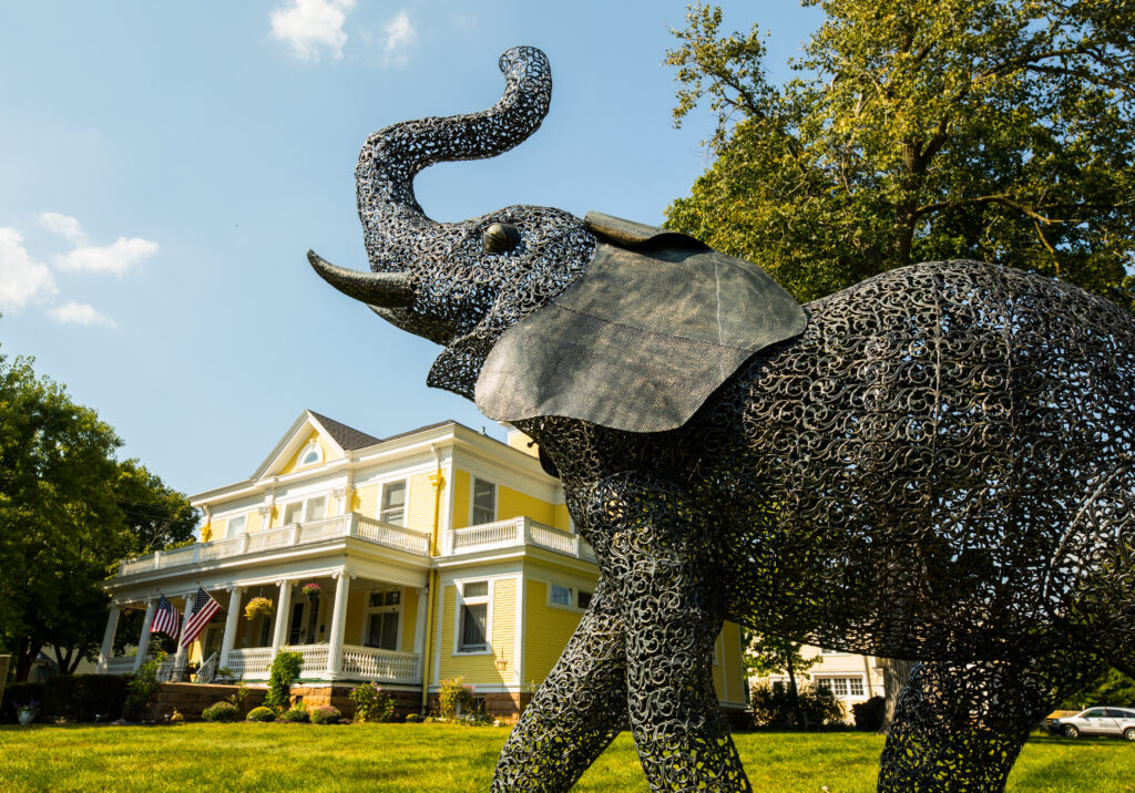 Elephant sculpture outside Ringling House, a Baraboo Bed and Breakfast.